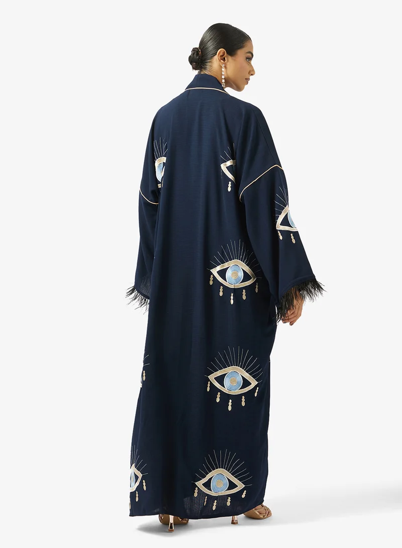 hayas closet Embroidered And Embellished Open Front High Neck Abaya